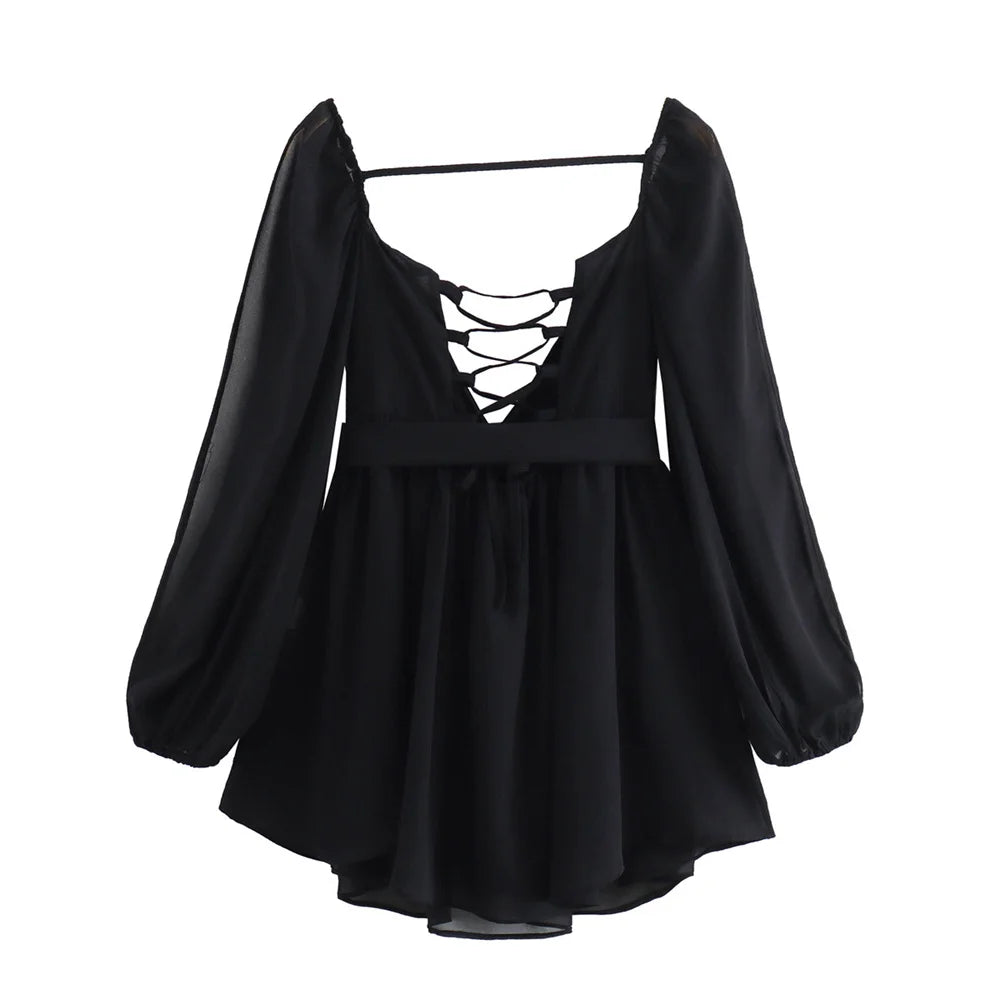 Casual hollow Out Off Shoulder Sleeves And Tied Rope Dress