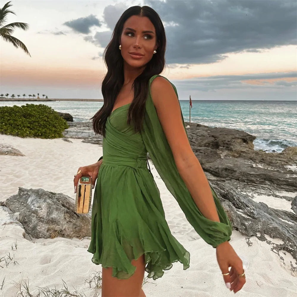 Casual hollow Out Off Shoulder Sleeves And Tied Rope Dress