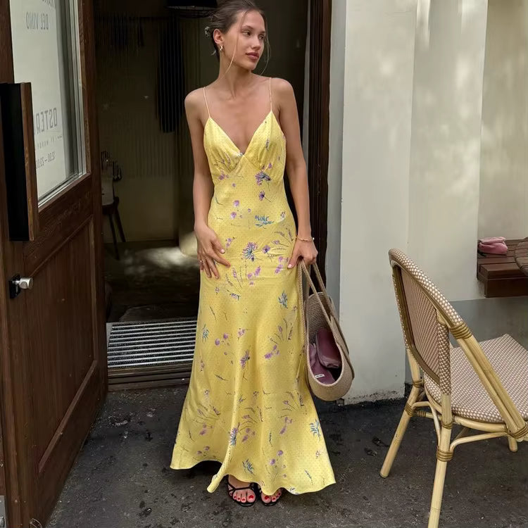 Casual sleeveless Print V-Neck Floral Spaghetti Strap Maxi Dress