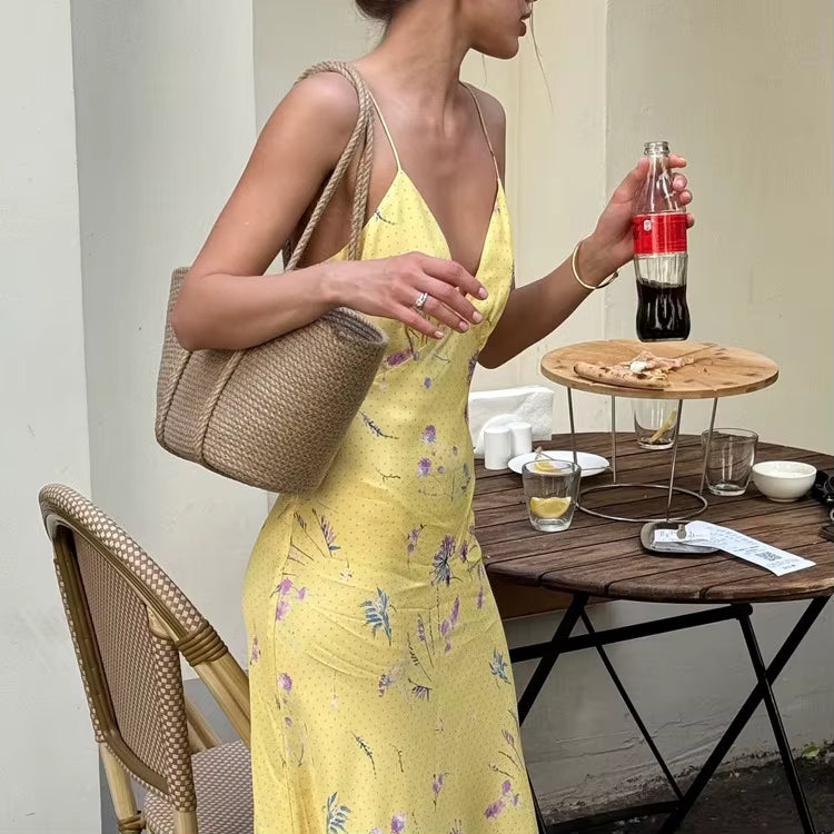 Casual sleeveless Print V-Neck Floral Spaghetti Strap Maxi Dress
