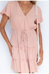 Casual solid high-waist lace-up ruffled Elegant short dress