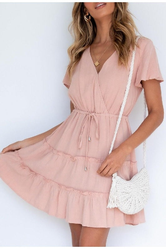 Casual solid high-waist lace-up ruffled Elegant short dress