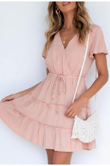 Casual solid high-waist lace-up ruffled Elegant short dress