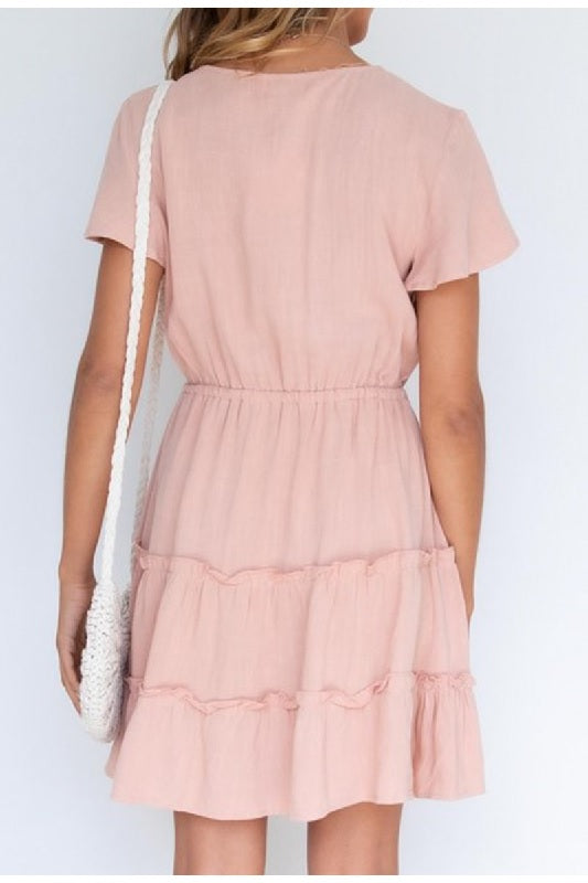 Casual solid high-waist lace-up ruffled Elegant short dress