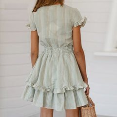 Casual V-neck ruffle stripe print Bowknot lace retro dresses