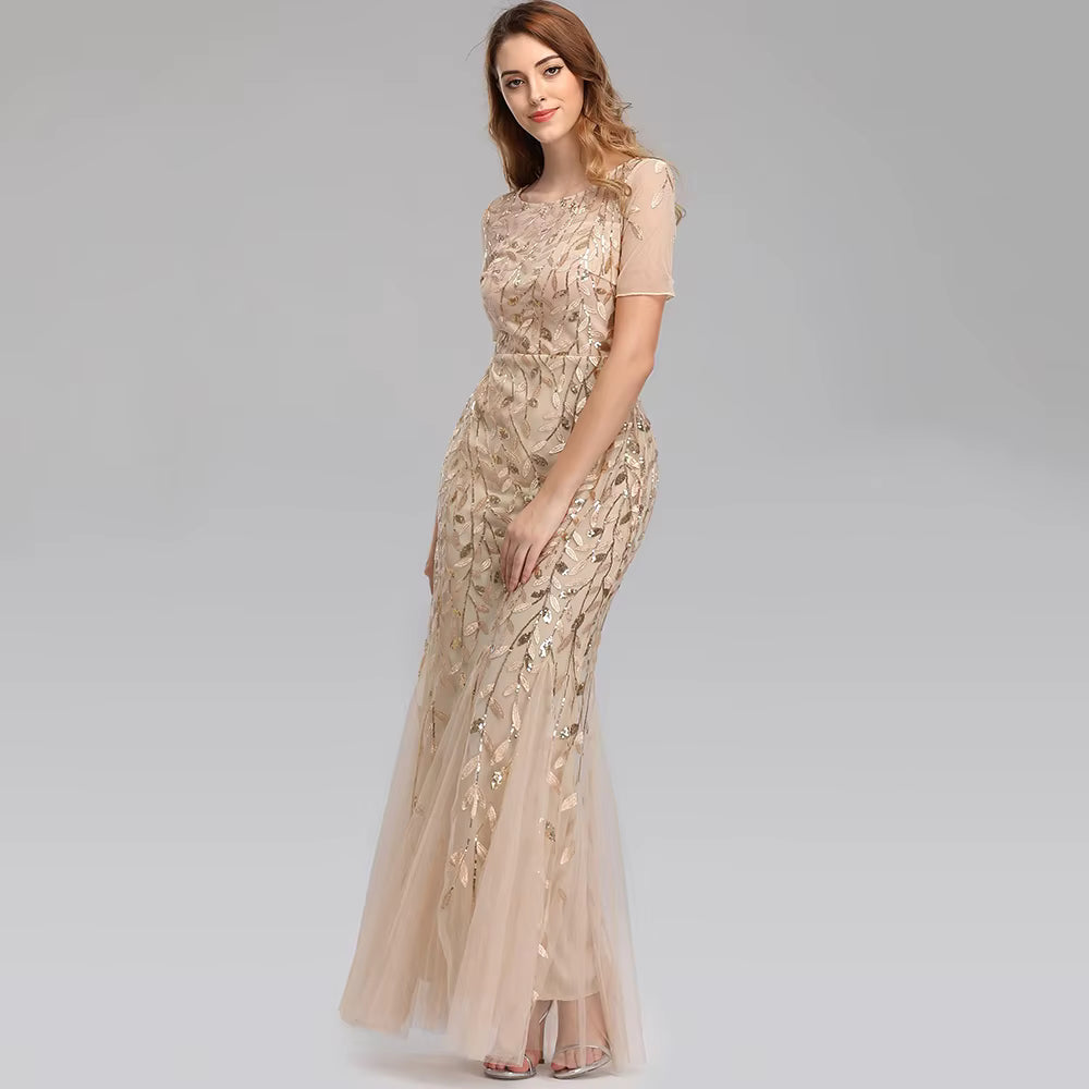 Casual vintage Sequin Bridesmaid Natural Fiber Prom Long Maxi Dress