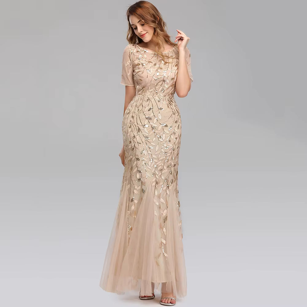 Casual vintage Sequin Bridesmaid Natural Fiber Prom Long Maxi Dress