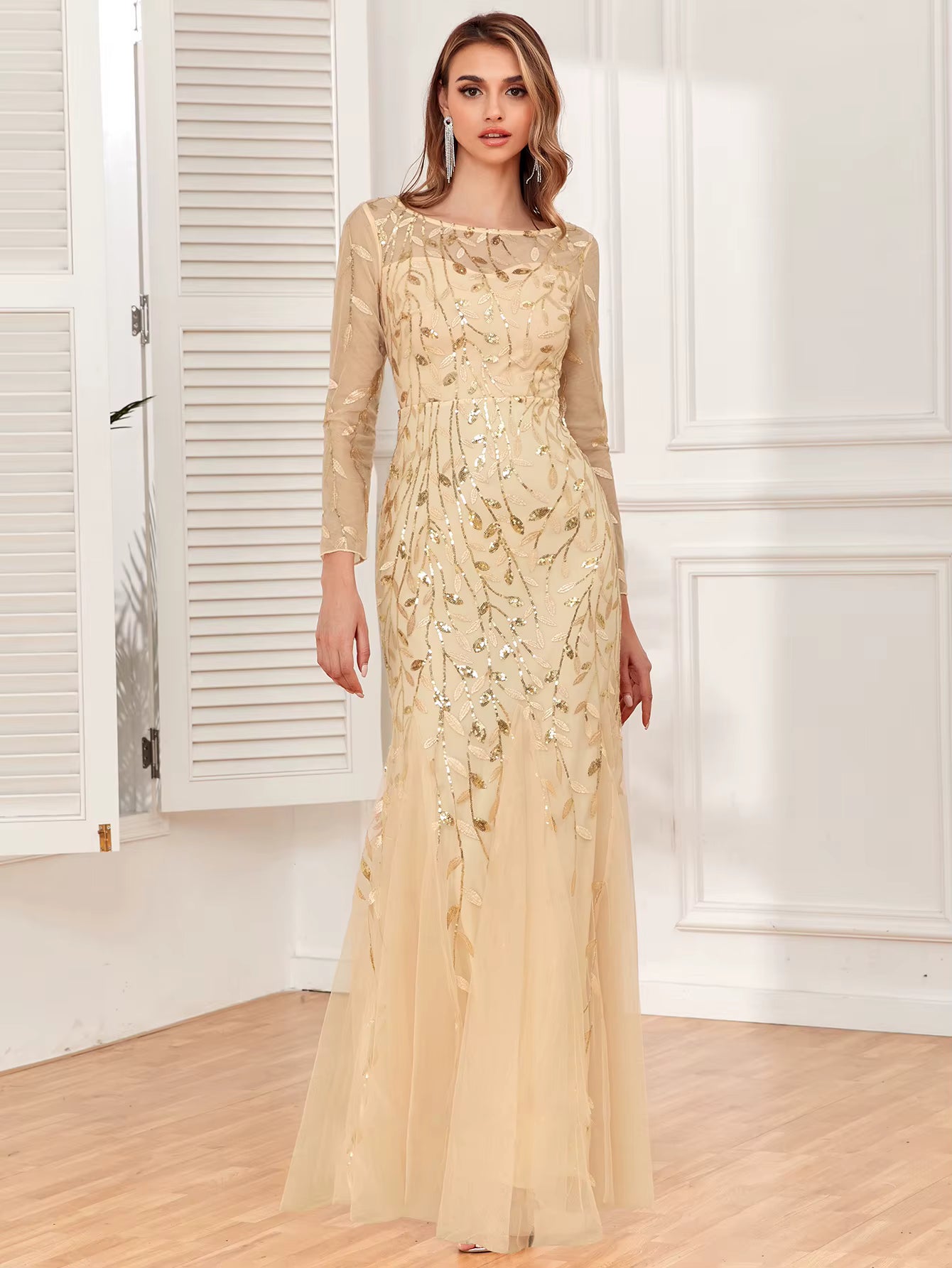 Casual vintage Sequin Bridesmaid Natural Fiber Prom Long Maxi Dress