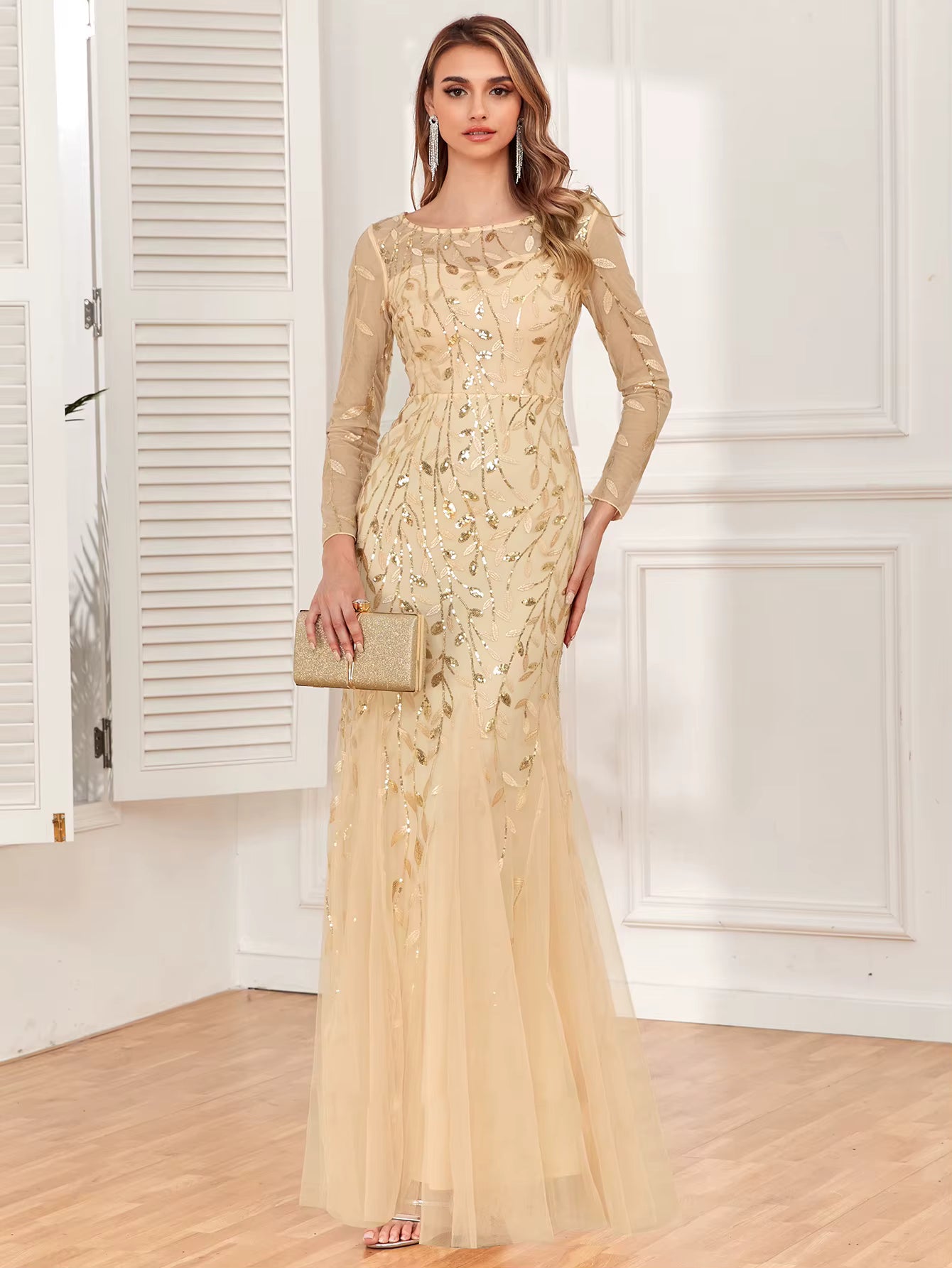 Casual vintage Sequin Bridesmaid Natural Fiber Prom Long Maxi Dress