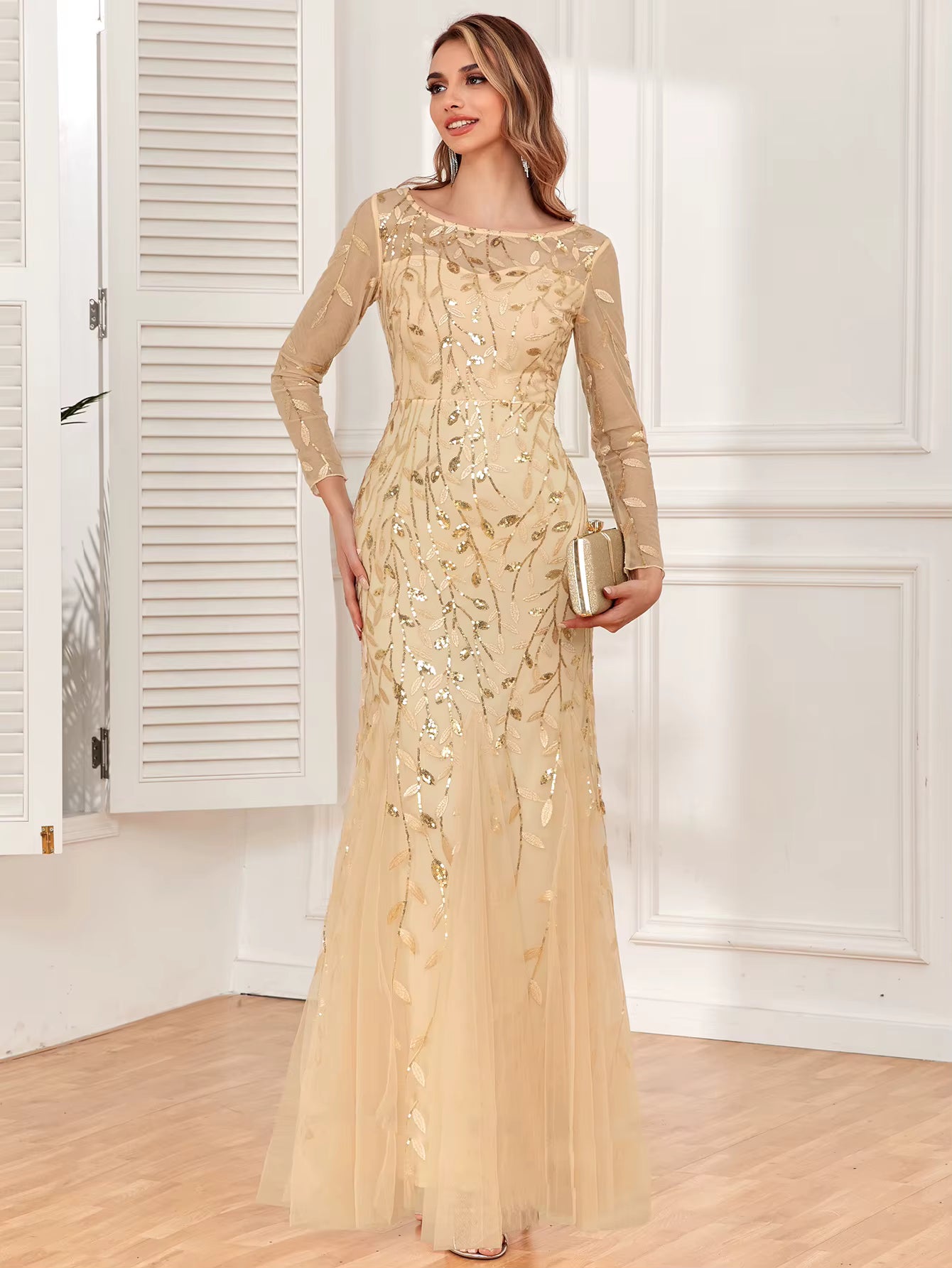 Casual vintage Sequin Bridesmaid Natural Fiber Prom Long Maxi Dress