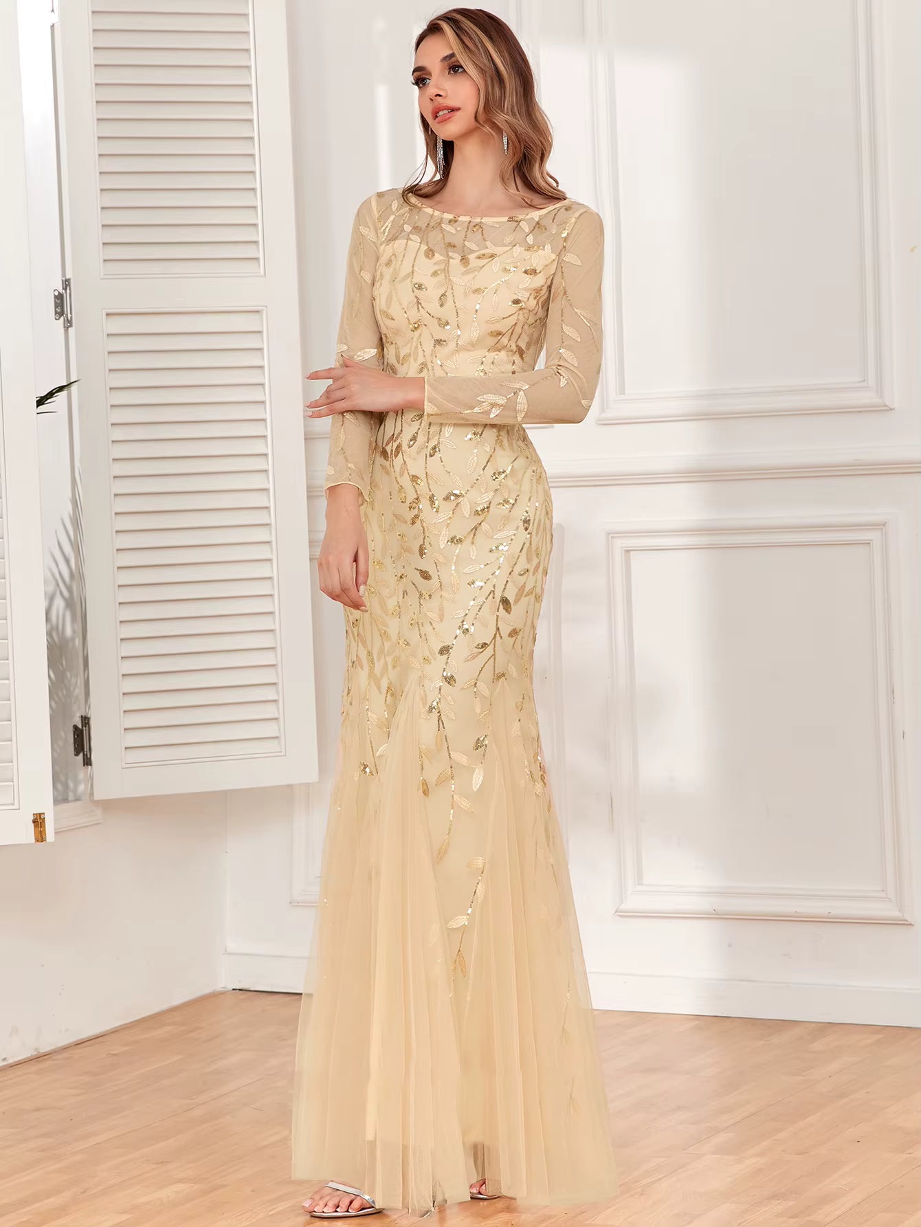 Casual vintage Sequin Bridesmaid Natural Fiber Prom Long Maxi Dress