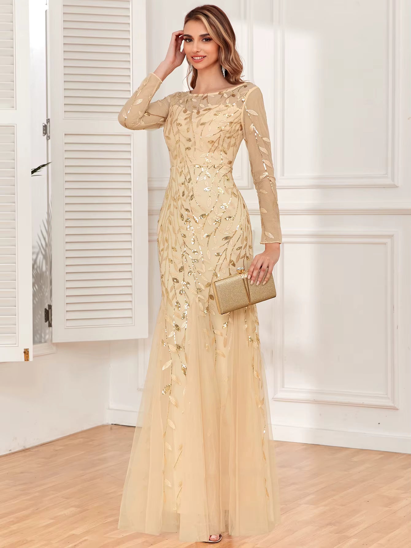 Casual vintage Sequin Bridesmaid Natural Fiber Prom Long Maxi Dress