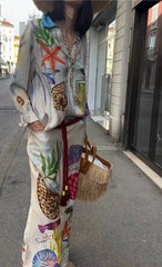 Causal Bohemia Satin Print Long Sleeve Shirts And Pant Loose 2 Piece Suit