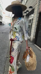 Causal Bohemia Satin Print Long Sleeve Shirts And Pant Loose 2 Piece Suit