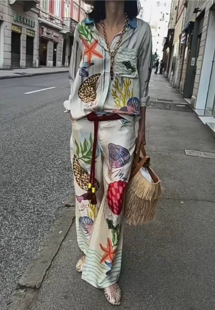 Causal Bohemia Satin Print Long Sleeve Shirts And Pant Loose 2 Piece Suit