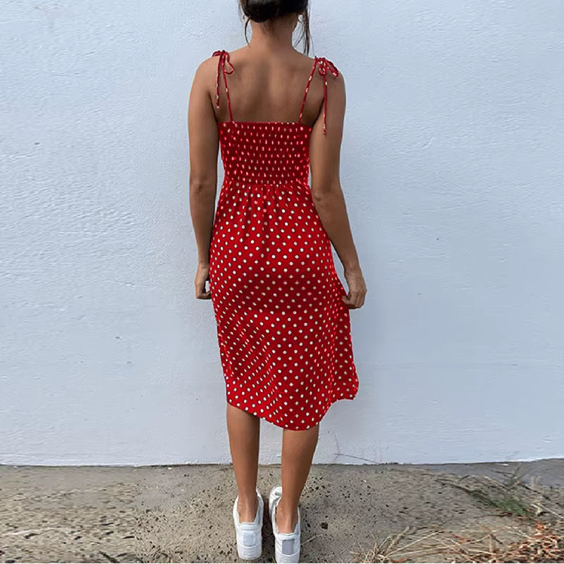 Causal Polka Dot Sleeveless High Pleated Elastic Waist Midi Sundress