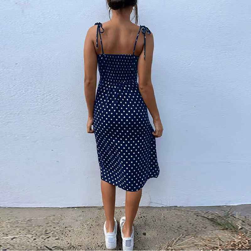 Causal Polka Dot Sleeveless High Pleated Elastic Waist Midi Sundress