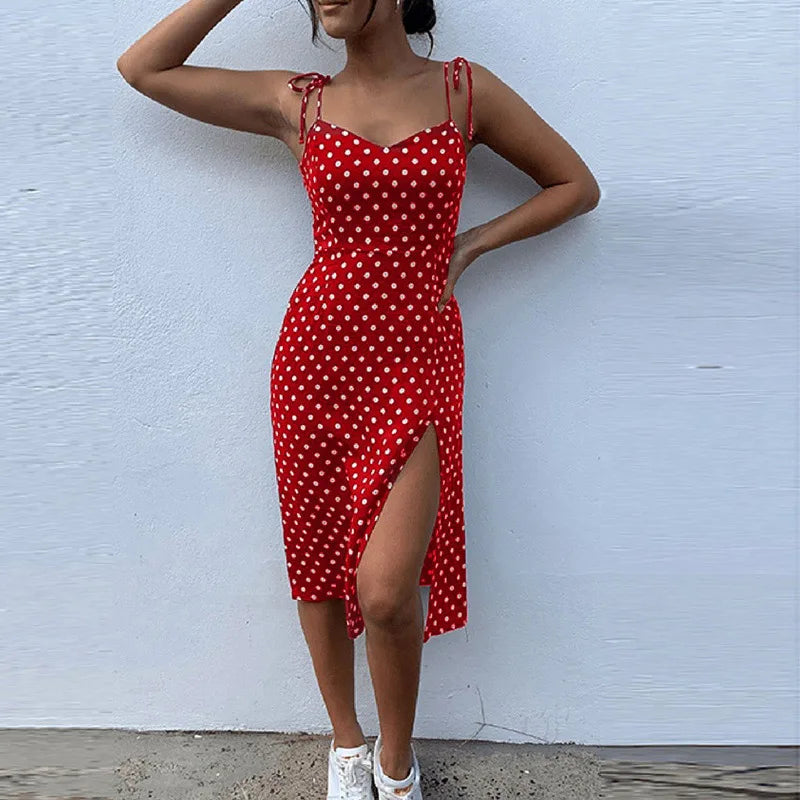 Causal Polka Dot Sleeveless High Pleated elastic waist V-Neck Beach Dress