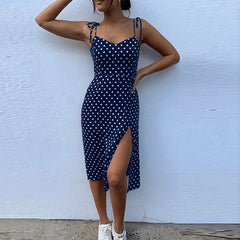 Causal Polka Dot Sleeveless High Pleated elastic waist V-Neck Beach Dress