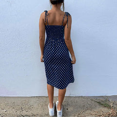 Causal Polka Dot Sleeveless High Pleated elastic waist V-Neck Beach Dress