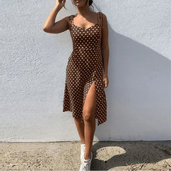 Causal Polka Dot Sleeveless High Pleated elastic waist V-Neck Beach Dress
