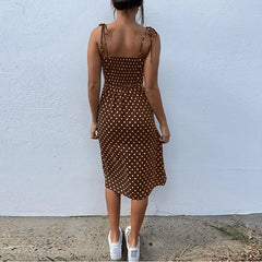 Causal Polka Dot Sleeveless High Pleated elastic waist V-Neck Beach Dress