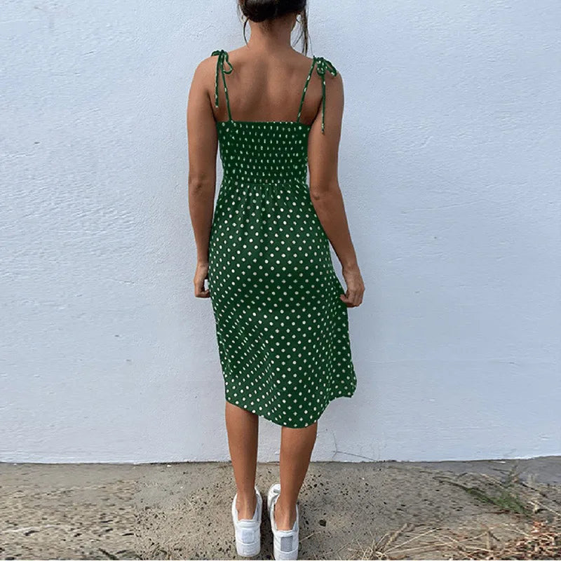 Causal Polka Dot Sleeveless High Pleated elastic waist V-Neck Beach Dress