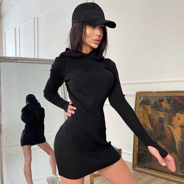 Causal Solid Color Hooded Long Sleeve Knitted Dress