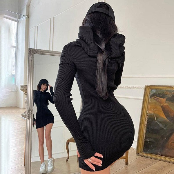 Causal Solid Color Hooded Long Sleeve Knitted Dress