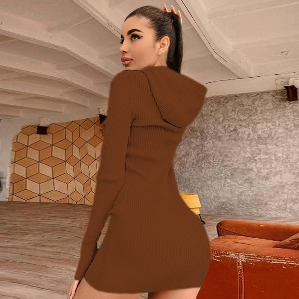 Causal Solid Color Hooded Long Sleeve Knitted Dress