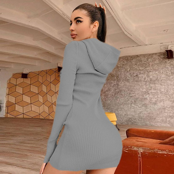 Causal Solid Color Hooded Long Sleeve Knitted Dress