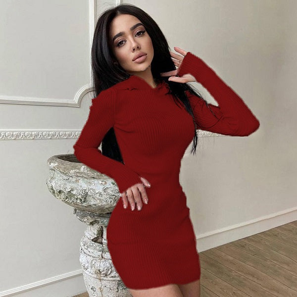 Causal Solid Color Hooded Long Sleeve Knitted Dress