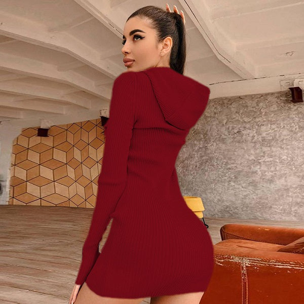 Causal Solid Color Hooded Long Sleeve Knitted Dress