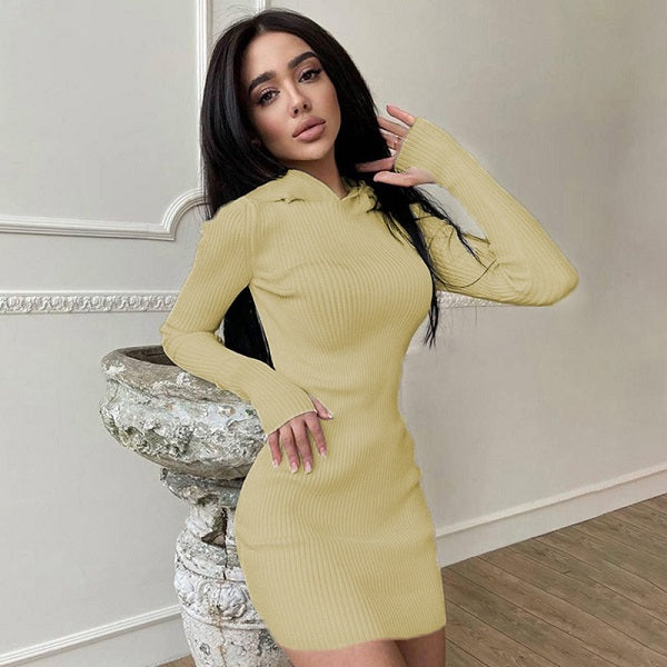 Causal Solid Color Hooded Long Sleeve Knitted Dress