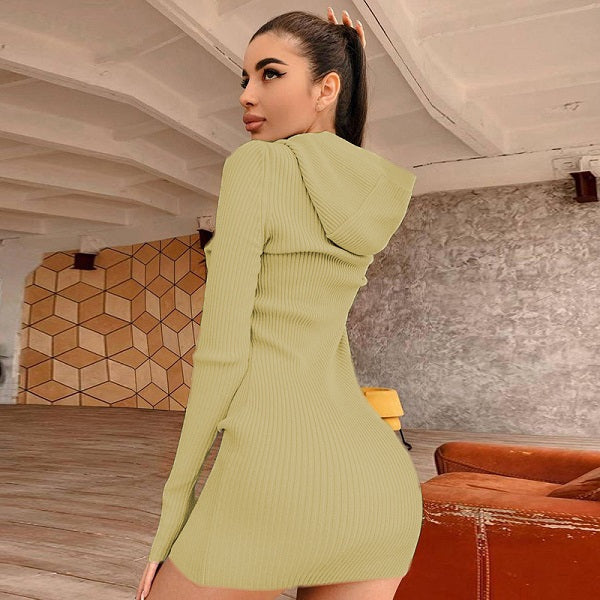 Causal Solid Color Hooded Long Sleeve Knitted Dress
