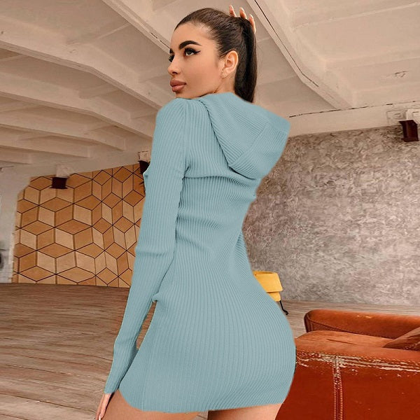 Causal Solid Color Hooded Long Sleeve Knitted Dress