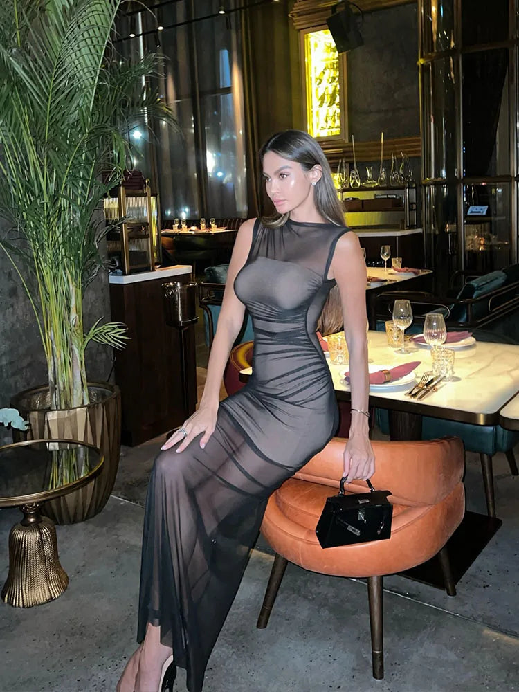 Causal Solid Sheer O-Neck Sheath Sleeveless Slim Fit Smock Regular Streetwear Maxi Dresses 
