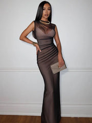 Causal Solid Sheer O-Neck Sheath Sleeveless Slim Fit Smock Regular Streetwear Maxi Dresses 