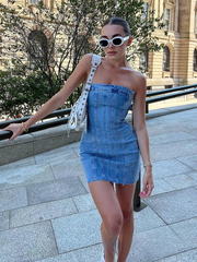 Causal Solid Strapless Sheath Party Street Style Jeans Tube Backless Bodycon Mini Dress