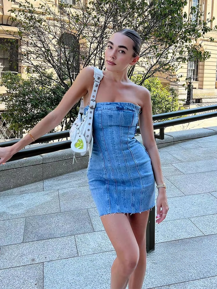 Causal Solid Strapless Sheath Party Street Style Jeans Tube Backless Bodycon Mini Dress