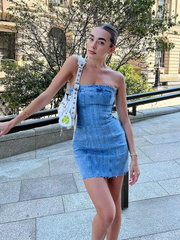 Causal Solid Strapless Sheath Party Street Style Jeans Tube Backless Bodycon Mini Dress