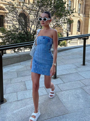 Causal Solid Strapless Sheath Party Street Style Jeans Tube Backless Bodycon Mini Dress