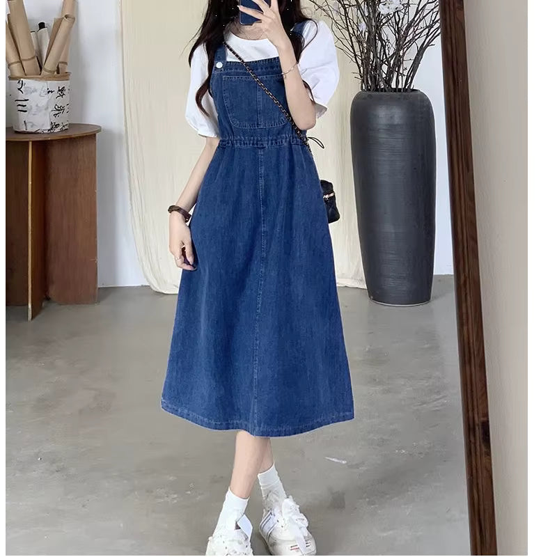 Causal Strap High Waist A-line Solid Lace-up Denim Suspender Midi Dress