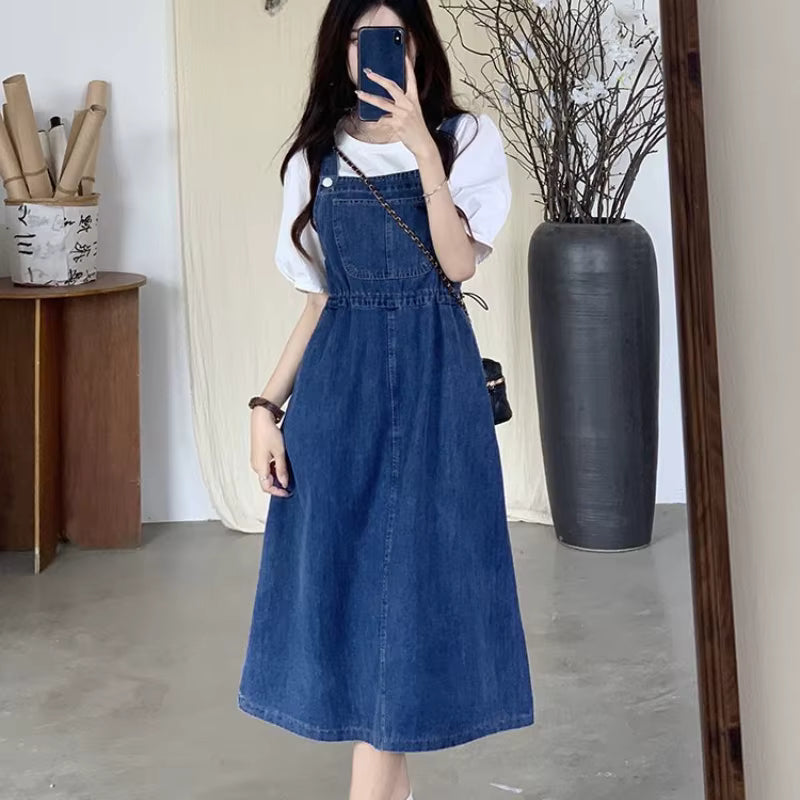 Causal Strap High Waist A-line Solid Lace-up Denim Suspender Midi Dress