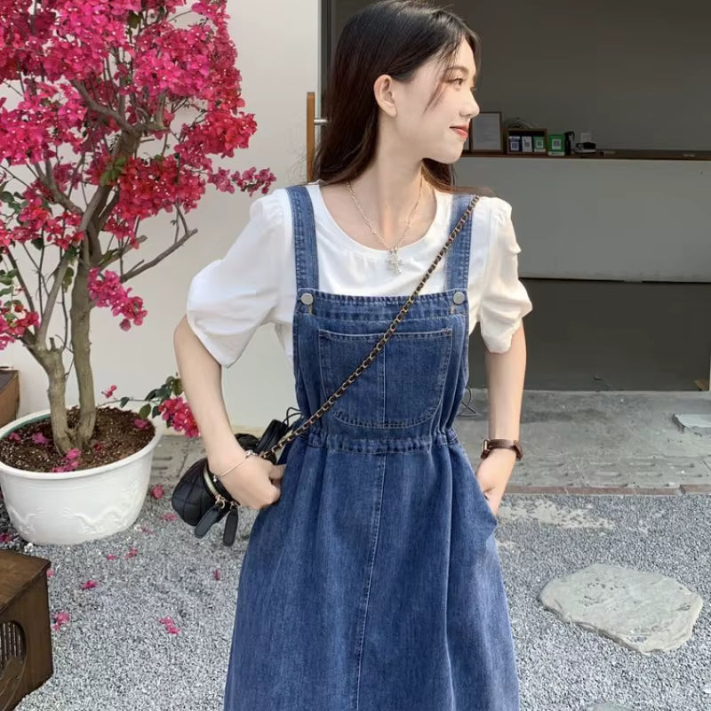 Causal Strap High Waist A-line Solid Lace-up Denim Suspender Midi Dress