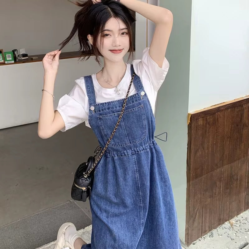 Causal Strap High Waist A-line Solid Lace-up Denim Suspender Midi Dress