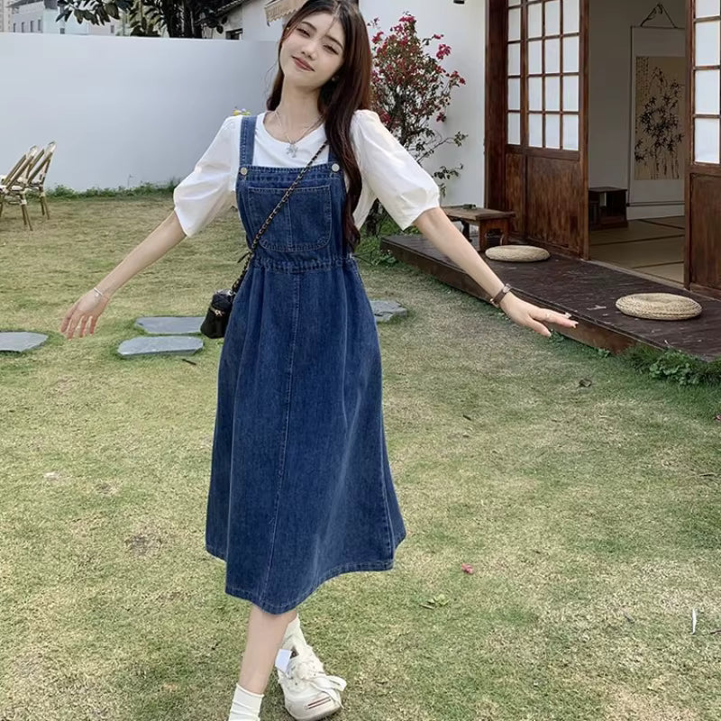 Causal Strap High Waist A-line Solid Lace-up Denim Suspender Midi Dress