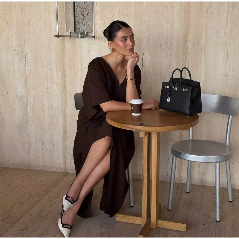 Causal V-neck Short Sleeve Oversized Pleated Lace-up Maxi Dress