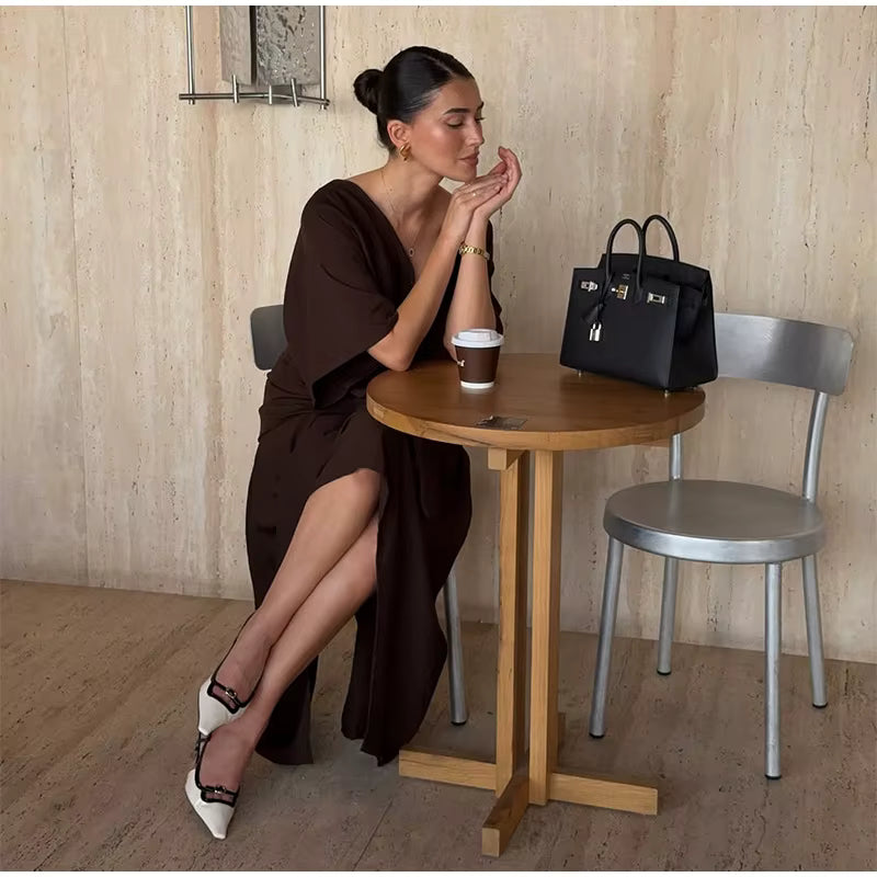 Causal V-neck Short Sleeve Oversized Pleated Lace-up Maxi Dress