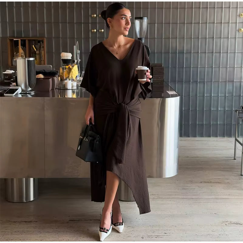 Causal V-neck Short Sleeve Oversized Pleated Lace-up Maxi Dress